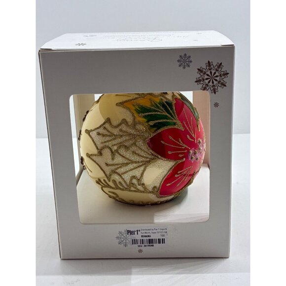 Pier 1 European Glass Ornament With Red Floral & Gold Glitter Design - Picture 2 of 6